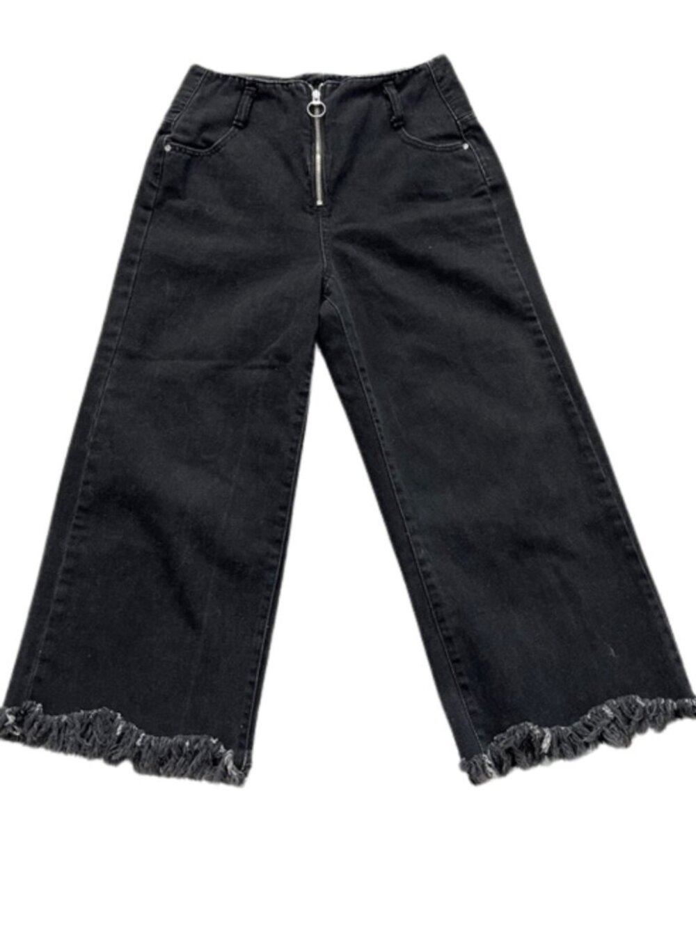 Zara Women’s Wide Leg Cropped Frayed Hem Exposed Front Zipper Black Denim Size 4
